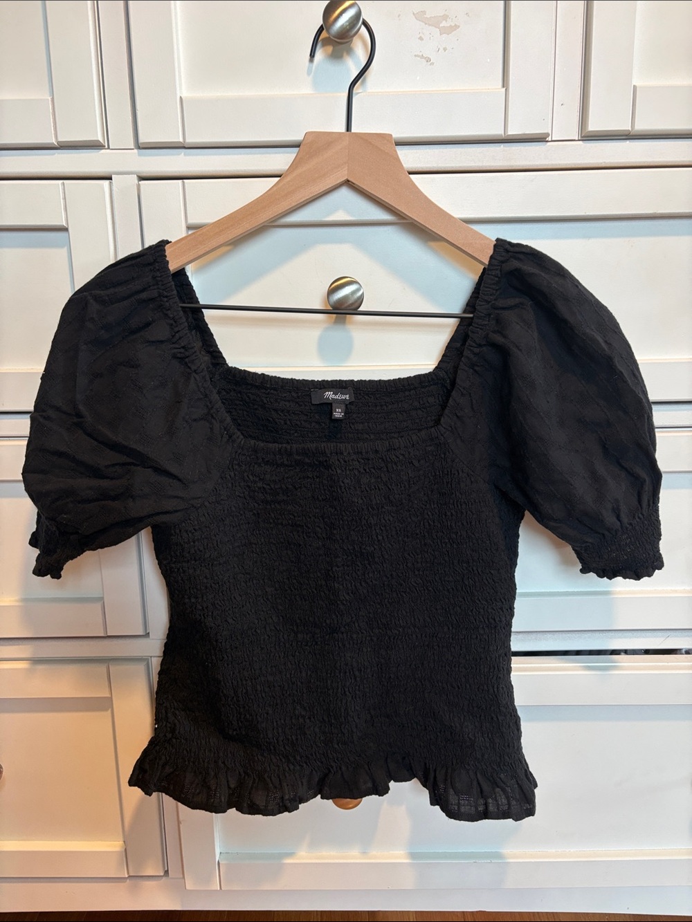 Madewell Black Puff-Sleeve Smocked Square-Neck Blouse